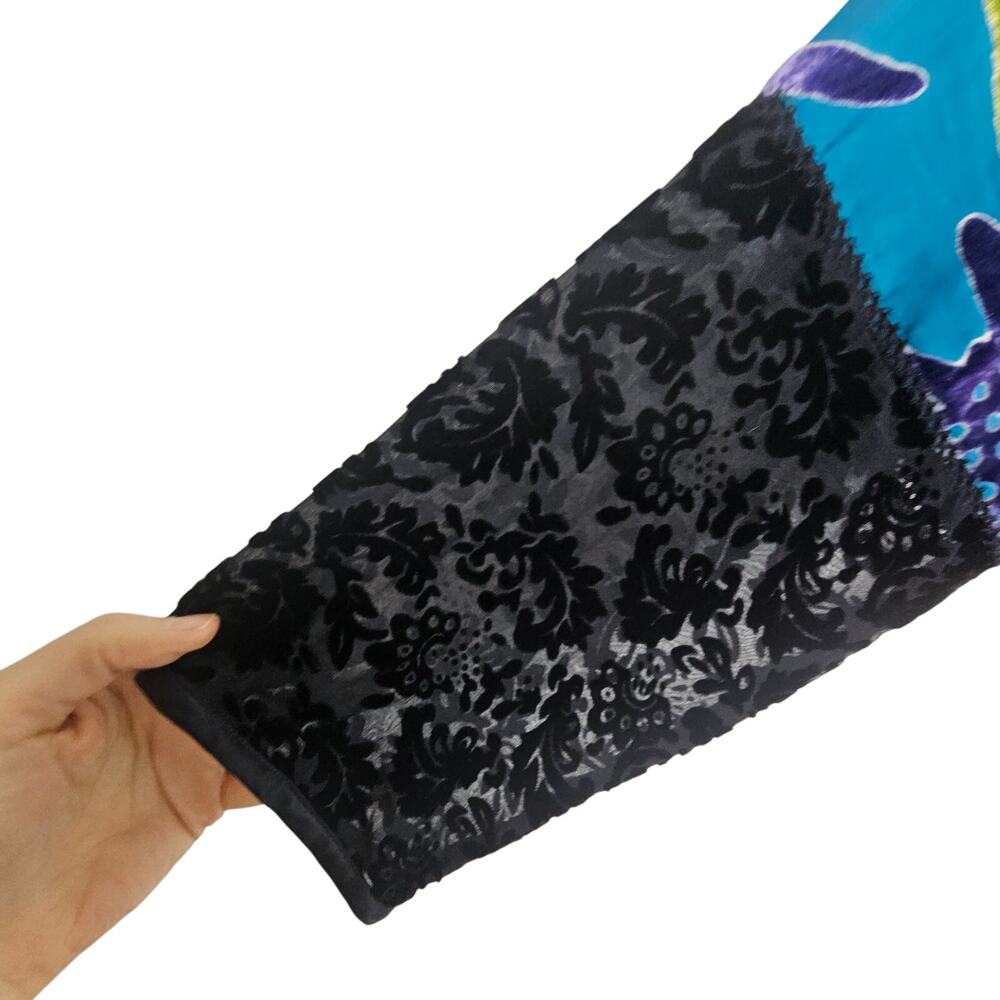 Chicos Silk Sheer Cardigan Size L Artsy Floral Bohemian Whimsigoth Patchwork - Picture 4 of 8